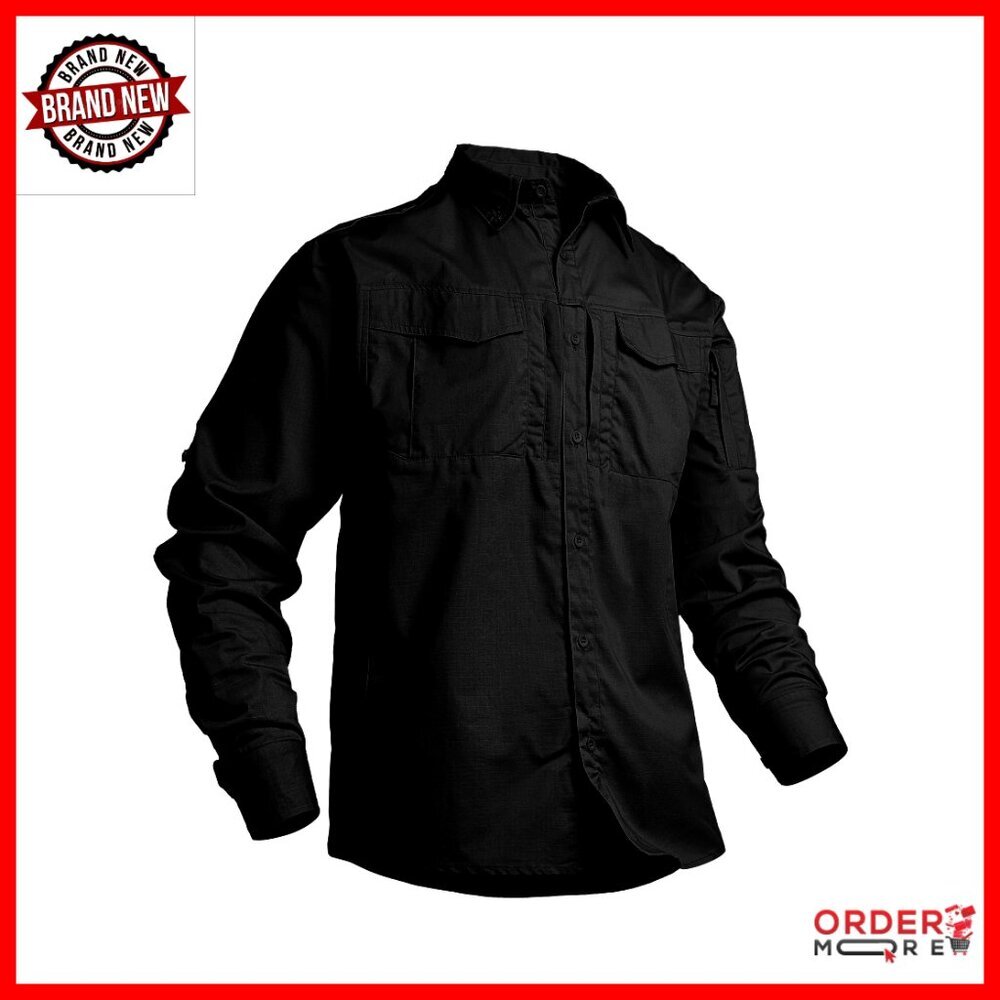 Men's Long Sleeve Tactical Button Down Shirt with Zipper Pockets - Picture 1 of 7